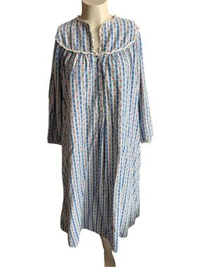 Lanz Of Salzburg 100% Cotton Striped Blue Floral Nightgown with Ruffle Yoke